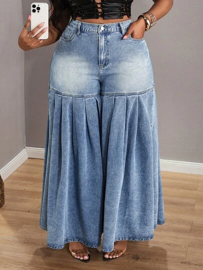 Slaydiva Plus Size Women Casual Fashion Street Chic Daily Commute Pleated Loose Wide Leg Jeans