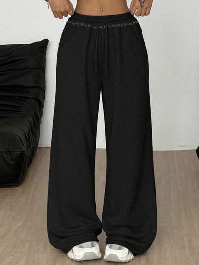 SHEIN 少女宽松休闲简约舒适中腰撞色抽绳装饰运动裤，秋冬季