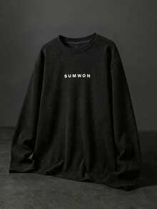 SUMWON Men's Long Sleeve Black Jersey Crew Neck T-Shirt With Small White Chest Logo Print Casual Comfortable Everyday Wear - Black - View 1