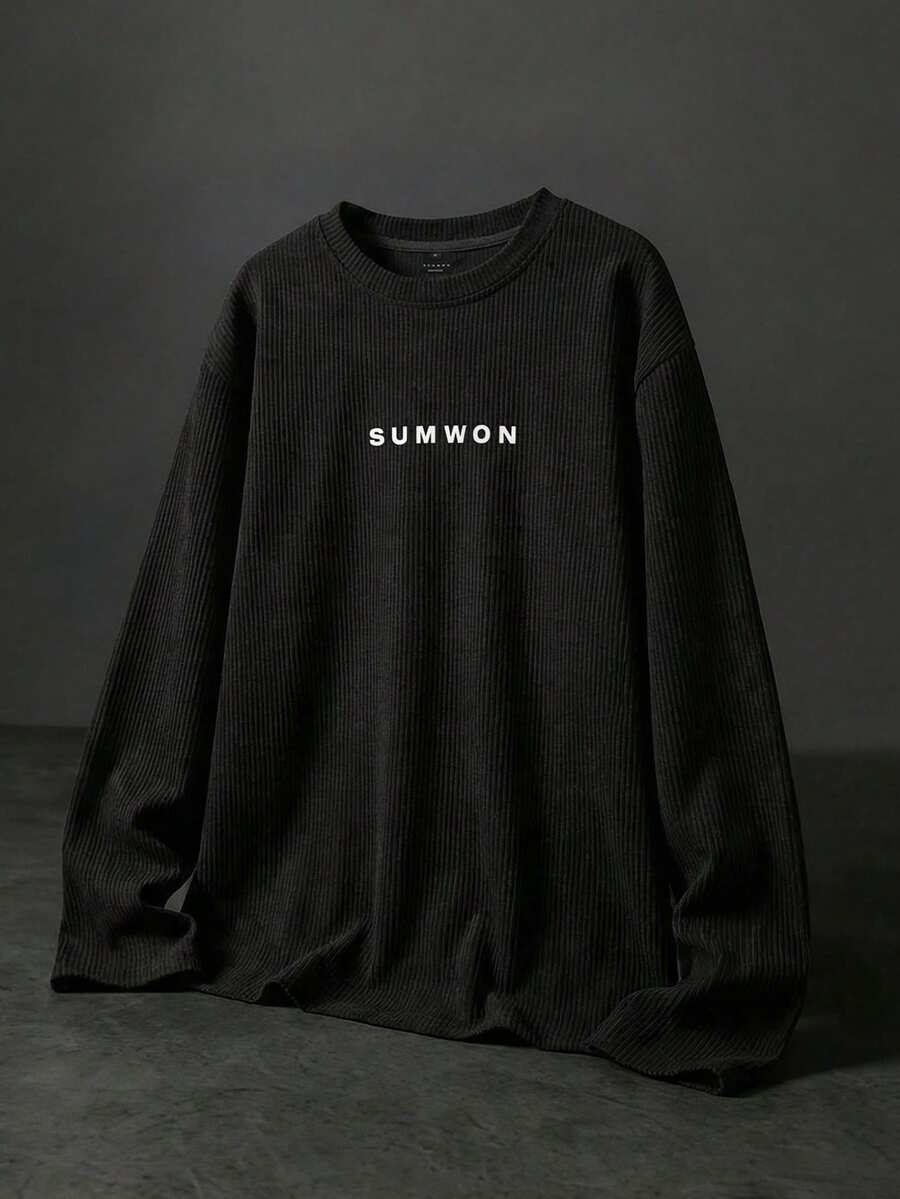 SUMWON Men's Long Sleeve Black Jersey Crew Neck T-Shirt With Small White Chest Logo Print Casual Comfortable Everyday Wear - Black - View 1