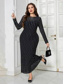 SHEIN Clasi 大码女士复古优雅波点印花长袖修身连衣裙，春秋季 - 黑與白 - 查看 6