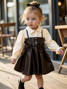 SHEIN Playful Pals Baby Girls' Collared Puff Sleeve 2 In 1 A-Line Dress. Classic A-Line Silhouette Suitable For Various Baby Body Types. Distinctive Collar Design Adds A Touch Of Formality, While The Ingenious Puff Sleeve Treatment Is Sweet And Playful. The 2 In 1 Design Creates Visual Depth. Whether For Outings, Playtime Or Leisure, This Dress Can Showcase The Lively And Adorable Nature Of Your Little One. - Brown - View 3