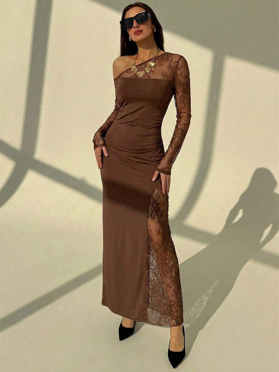 Aloruh Brown Lace Asymmetrical Shoulder Dress, Sheer Slit Elegant Evening Gown For Women - Coffee Brown - View 1