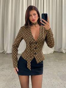 Aloruh Áo khoác blazer nữ thời trang họa tiết chấm bi, cài cúc đơn, thắt eo. - Cà phê nâu - Xem 4