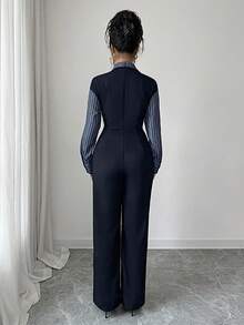 Rafferiza 女士优雅拼接长袖连体裤，适合通勤 - 藏蓝色 - 查看 2