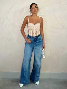 SHEIN BAE 浪漫白色蕾丝拼接可拆卸肩带紧身胸衣连体衣，适合浪漫约会、闺蜜聚会、早春郊游、派对活动 - 束身胸衣、演唱会服装、性感连体衣、春季女装、情人节服装 - 杏色 - 查看 3