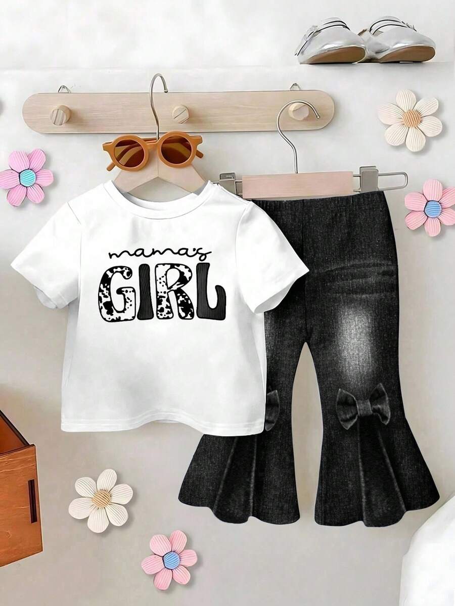 Baby Girls' T-Shirt Set, Faux Denim GIRL MAMA Heart Full Print Flare Pants, Faux Bow Print, Black Letter Print, Cute & Lively, Versatile Basic 2 Pieces Outfit, Suitable For Outings Baby Girl Bell Bottom Outfits Birthday Girl Toddler Outfit Mamas Girl Outfit Daddys Girl Outfit Baby Girl Set - Multicolor - View 1
