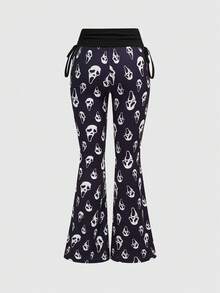 ROMWE Goth Dark Skeleton Print Fitted Camisole Top Paired With Skeleton All-Over Print Flare Pants - Black - View 7