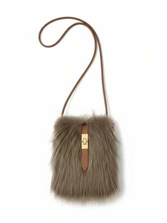 SHECARRY Faux Fur Crossbody Purse Rectangular Messenger Bag With Gold Metal Lock Evening Party Winter Fall Small Shoulder Handbag