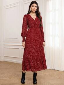 Miaspire 秋冬女士波点印花优雅裹身连衣裙，泡泡袖收腰长裙，适合优雅外出和聚会，褶皱长袖印花连衣裙，法式连衣裙，樱桃连衣裙，女士长袖连衣裙，波点连衣裙，女士度假装，春夏装 - 紅色 - 查看 5