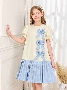 1 Pezzo Vestito Vintage Morbido e Carino per Ragazze Primavera/Estate, Collo Equipaggio Bianco con Maniche a Palloncino e Maniche Corte, Caratteristiche Fiocchi Tridimensionali, Vestito Plissettato Lunghezza Ginocchio, Perfetto per Uso Quotidiano, Scuola e Uscite delle Ragazze - Albicocca - Visualizzare 5