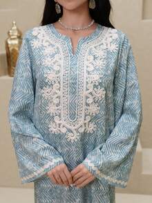 Al Najma 女士优雅印花阿拉伯风格连衣裙 - 藍色 - 查看 3