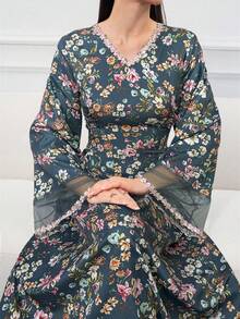 Al Najma Elegant Floral Print Patchwork Sheer Mesh Flare Sleeve Cinched Waist Robe, Resort Style, Spring/Autumn - Blue - View 5
