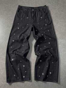 ROMWE MEN Street Life Men's Casual Washed Metal Eyelet Decoration Denim Jeans - Black - View 1
