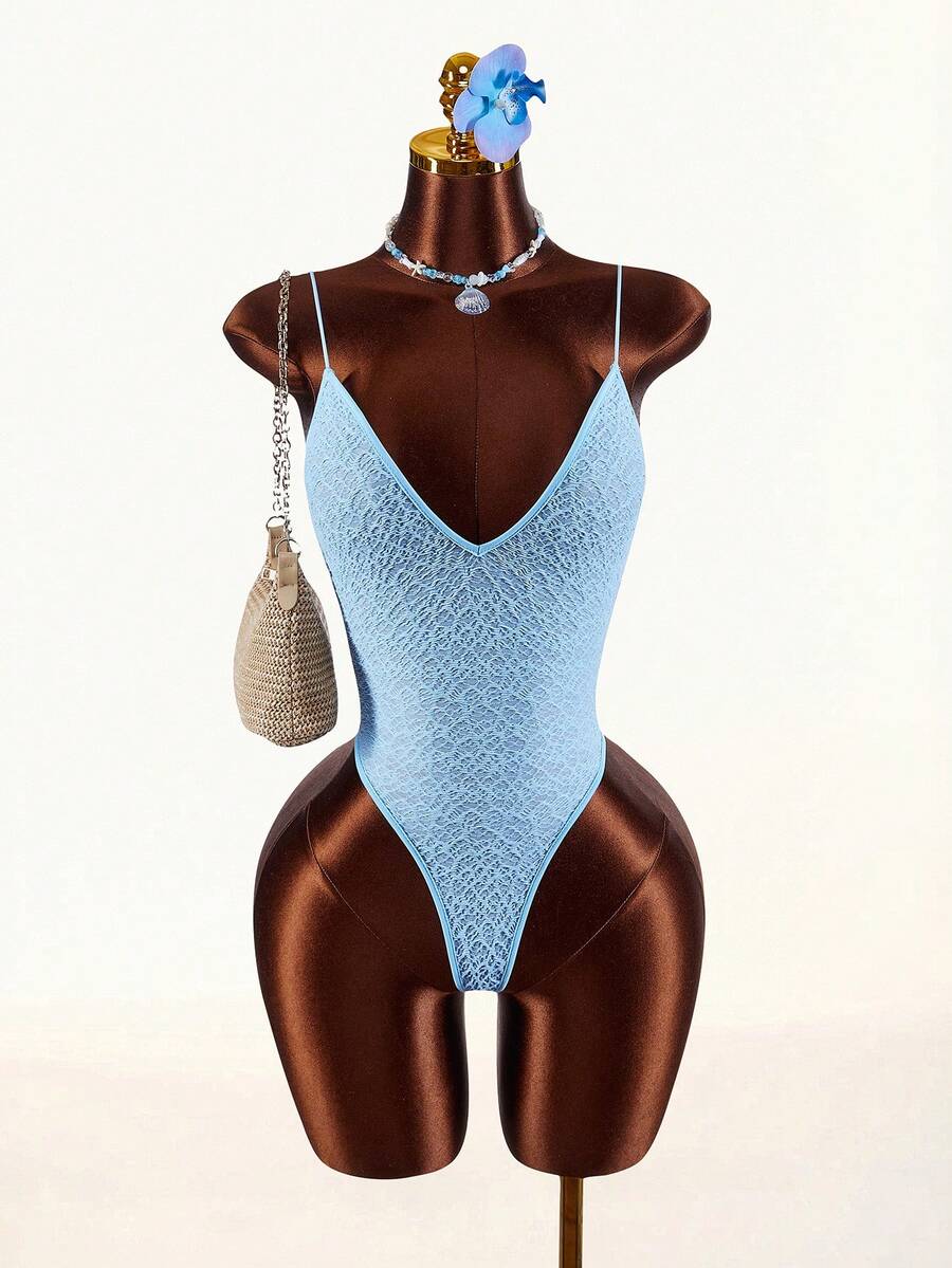 Amplova Rhinestone Glitter Backless Sexy Bodysuit For Party - Blue - View 1