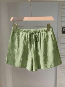 SHEIN EZwear Quần short nữ cỡ lớn, màu trơn, có thắt lưng và túi, dáng rộng, thoải mái, thích hợp mặc mùa hè. - màu xanh lá - Xem 3