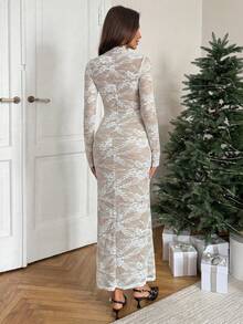 Aloruh Vestido largo de manga larga, negro, de encaje, sexy, elegante, vintage y romántico, vestido de fiesta, vestido de cita, vestido extra largo - Blanco - Ver 2