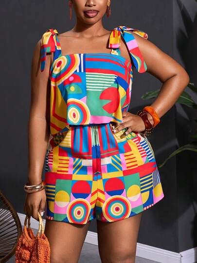 Slaydiva Plus Size Women's Spaghetti Strap Tie-Up Ruffle Hem Geometric Print Romper, Suitable For Daily Outings, Versatile, Casual, Vacation, Cruise, Beach, Sunbathing, Trending