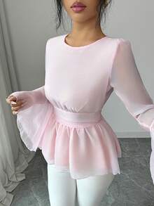 Selianne French Romantic Sweet Pink Round Neck Cinched Waist Flare Sleeve Chiffon Blouse - Baby Pink - View 5