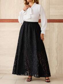 Roveilla Plus Size Wedding Guest, Graduation, Romantic, Evening, Formal Women , Birthday, Party, Elegant, Summer Women , Fashionable Graceful Minimalist Textured Fabric Skirt, Waist-Cinching Slimming Graceful Skirt For Women - Black - View 4
