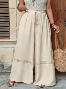 Ceyna Plus Size Casual Comfortable Contrast Lace Hollow Out Wide Leg Pants - White - View 7