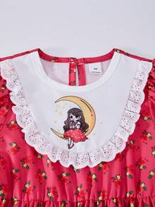 SHEIN 一件 Chelsea Crush 女童印花泡泡袖 A 字连衣裙，卡通印花，镂空荷叶边装饰，附赠迷你斜挎包，适合春夏休闲穿着。 - 彩色 - 查看 7