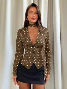 Aloruh Áo khoác blazer nữ thời trang họa tiết chấm bi, cài cúc đơn, thắt eo. - Cà phê nâu - Xem 1