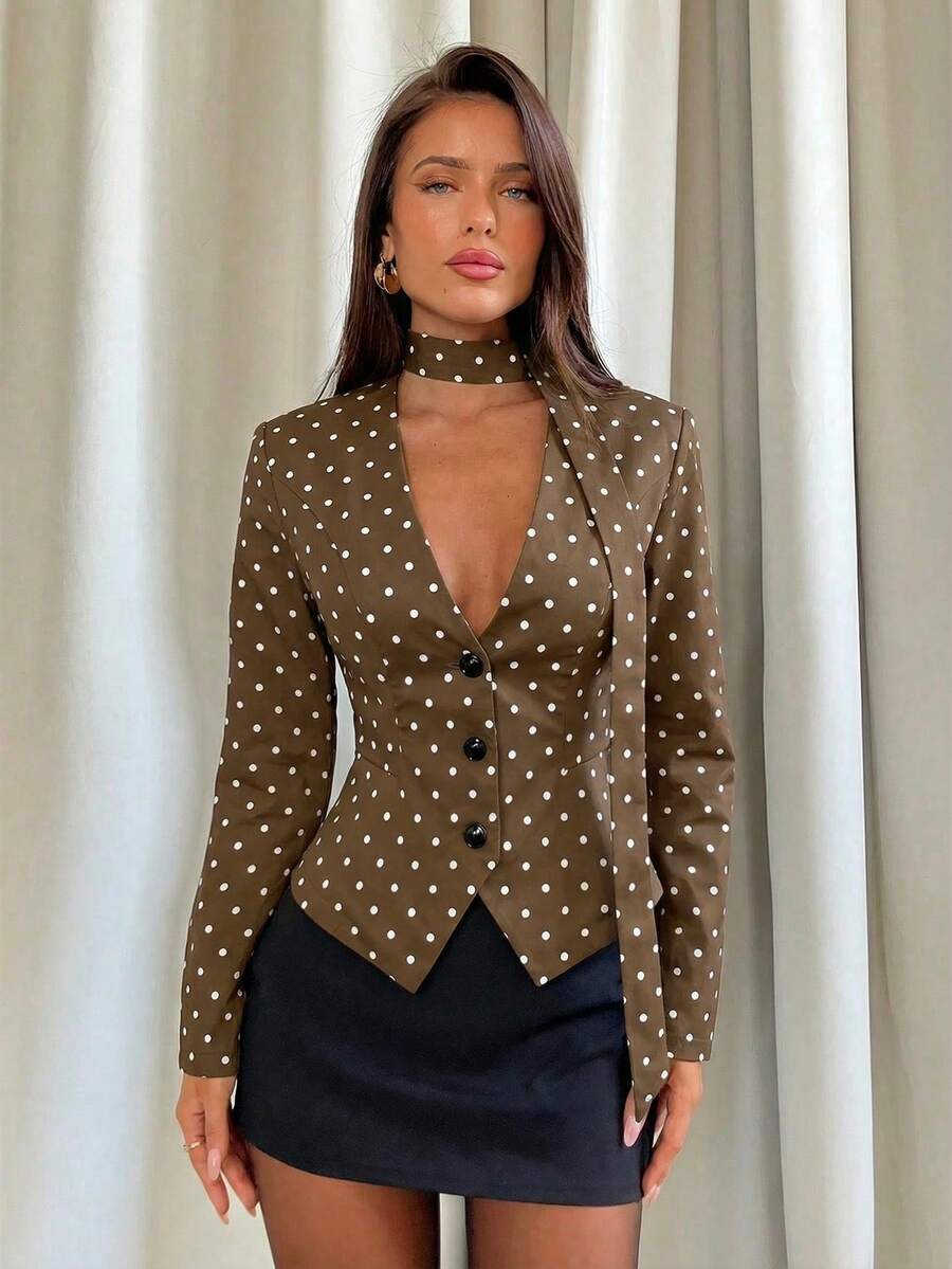 Aloruh Áo khoác blazer nữ thời trang họa tiết chấm bi, cài cúc đơn, thắt eo. - Cà phê nâu - Xem 1