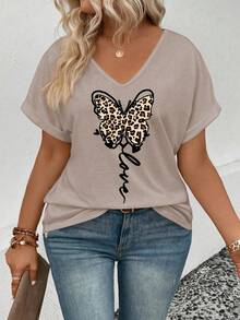 EMERY ROSE New Plus Size Women Fashion Leopard Print Bow V-Neck Short Sleeve Top T-Shirt - Khaki - View 4