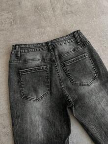 Attitoon 女士休闲日常通勤时尚破洞喇叭牛仔裤 - 黑色 - 查看 4