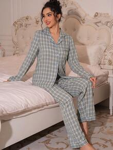 Lazeform 格子翻领长袖上衣和长裤睡衣套装，舒适优雅的细节设计，秋冬服装 - 灰色 - 查看 7