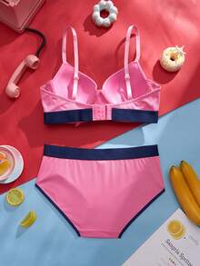 SHEIN 2pcs/Set Valentine's Day Fashion Sporty Contrast Color Women's Bra Set With Steel Rings - Pink - View 7