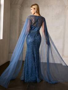 MOTF PREMIUM LUXURY BEADED MERMAID HEM EVENING GOWN - ROUND NECK MAXI PARTY DRESS WITH SHEER LONG FLOWING SLEEVES FOR FORMAL EVENTS - Dusty Blue - View 4