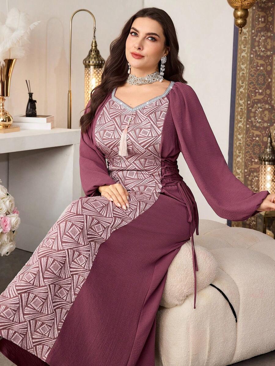 Al Najma Đầm kiểu Ả Rập tay phồng, thắt eo bằng vải jacquard ghép mảnh dành cho nữ cỡ lớn, thích hợp cho mùa xuân. - Bụi hồng - Xem 1