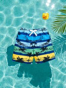 SHEIN 男童休闲度假椰树热带印花系带松紧腰泳裤，夏季 - 彩色 - 查看 10