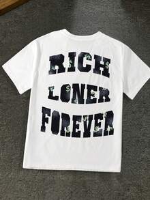 Manfinity Dauomo 男士印花T恤，印有遮脸人像和标语，街头嘻哈风格圆领T恤 - 白色 - 查看 2