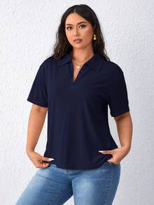 SHEIN Essnce 大码纯色半拉链短袖休闲透气T恤 深蓝色上衣 女士Polo衫 海军蓝上衣 海军蓝上衣 休闲女士Polo衫 海军蓝Polo衫 罗纹针织上衣 休闲上衣 - 藏蓝色 - 查看 5