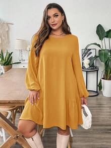 SHEIN Essnce Đầm kaki dài tay dáng rộng thoải mái dành cho nữ cỡ lớn mùa thu đông, đầm ngắn mùa thu, trang phục nữ mùa thu, trang phục công sở, đầm đi làm, đầm dự tiệc, đồng phục giáo viên, đầm dành cho người có thân hình đầy đặn. - Màu vàng - Xem 5