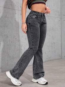 SHEIN PETITE 女士休闲百搭喇叭牛仔裤，带口袋 - 深灰色 - 查看 5