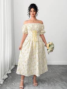 SHEIN PETITE CURVE 大码女式腰带系带碎花方领中长连衣裙，春夏款 - 黃色 - 查看 7