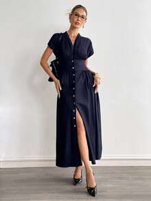 Siren Gaze 新款时尚V领牛仔效果腰部纽扣前开襟休闲连衣裙，女款 - 藏蓝色 - 查看 5