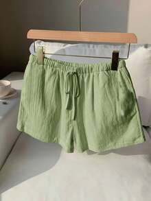 SHEIN EZwear Quần short nữ cỡ lớn, màu trơn, có thắt lưng và túi, dáng rộng, thoải mái, thích hợp mặc mùa hè. - màu xanh lá - Xem 7