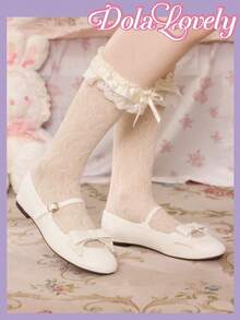 Dola Lovely French Bow Hollow Shoes Women's Low Vamp Cute Flat Bottom Mary Jane Versatile Solid Color Valentine's Day - Beige - View 5