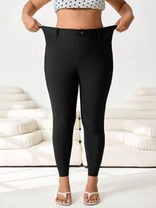 Solflare 2026Plus Size Fashion Casual Solid Color Slant Pocket Skinny Pants - Black - View 3