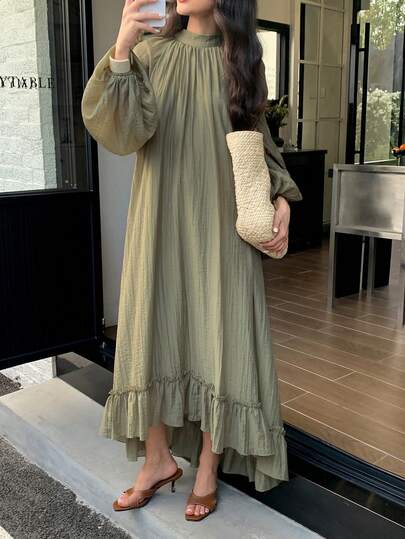 Solavon שמלה בסגנון ערבי עם קפלים בצבע אחיד לנשים, סתיו