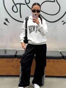 SHEIN ChillGRL Streecool Teen Girl Casual Leopard Print Letter Hoodie Sweatshirt & Loose Straight Leg Pants 2 Pieces Set, Fashionable Daily Wear For Teens - Black and White - View 3