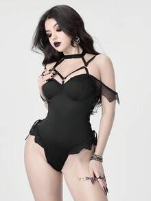 ROMWE Women's Gothic Backless Off-Shoulder Bat Wing Sexy Bodysuit - Black - View 5