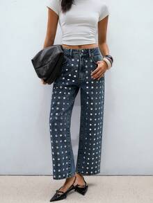 ATUI Studio 女士时尚休闲高腰口袋直筒牛仔裤 - 藍色 - 查看 1