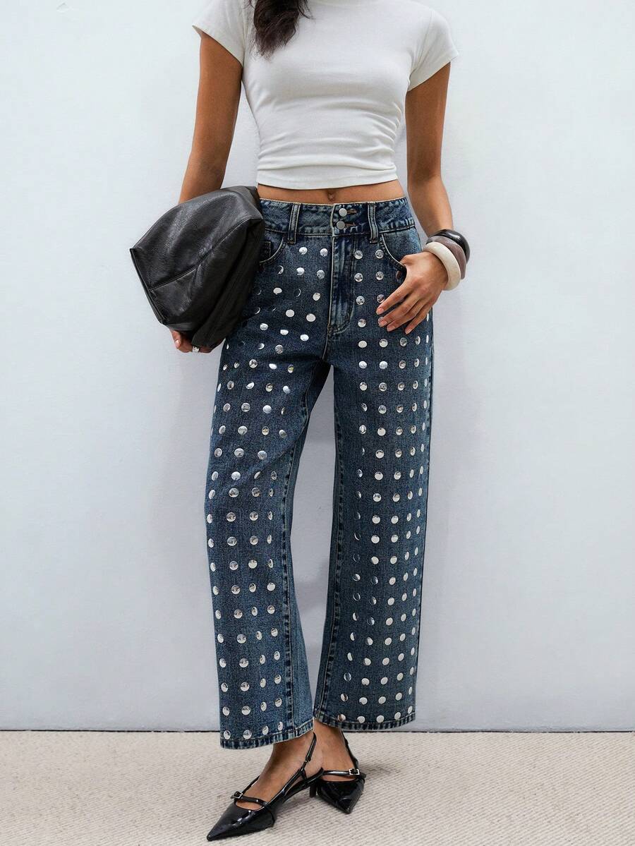 ATUI Studio 女士时尚休闲高腰口袋直筒牛仔裤 - 藍色 - 查看 1