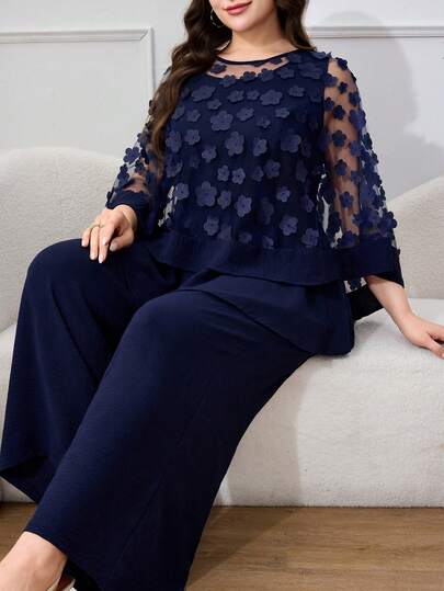 Modelyn Plus Size Women 2-Piece Set: Navy Blue Floral Decor Mesh Splice Round Neck Top And Solid Wide Leg Pants, Suitable For Party, Wedding, Formal Occasion, Evening Gown